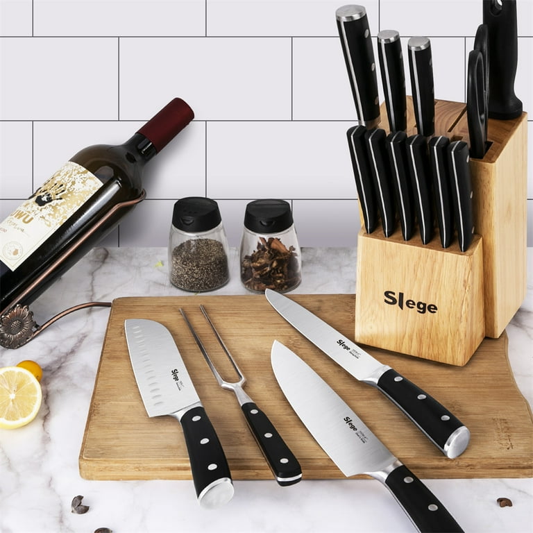 Slege 15-piece Kitchen Knifes with Wooden Block and Sharpener, Professional  Chef Knife Sets with Sharpener Scissors, Stainless Steel Sharp knives for