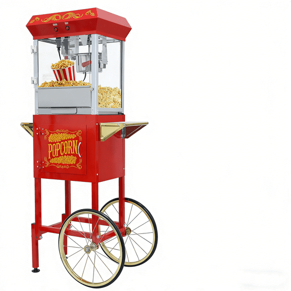 Professional 8 Oz Popcorn Machine Cart with Stainless Steel Kettle, Heated Warming Deck, and Old Maids Drawer - 480W, Mobile with Wheels and Storage Cabinets for Commercial or Home Use - Red