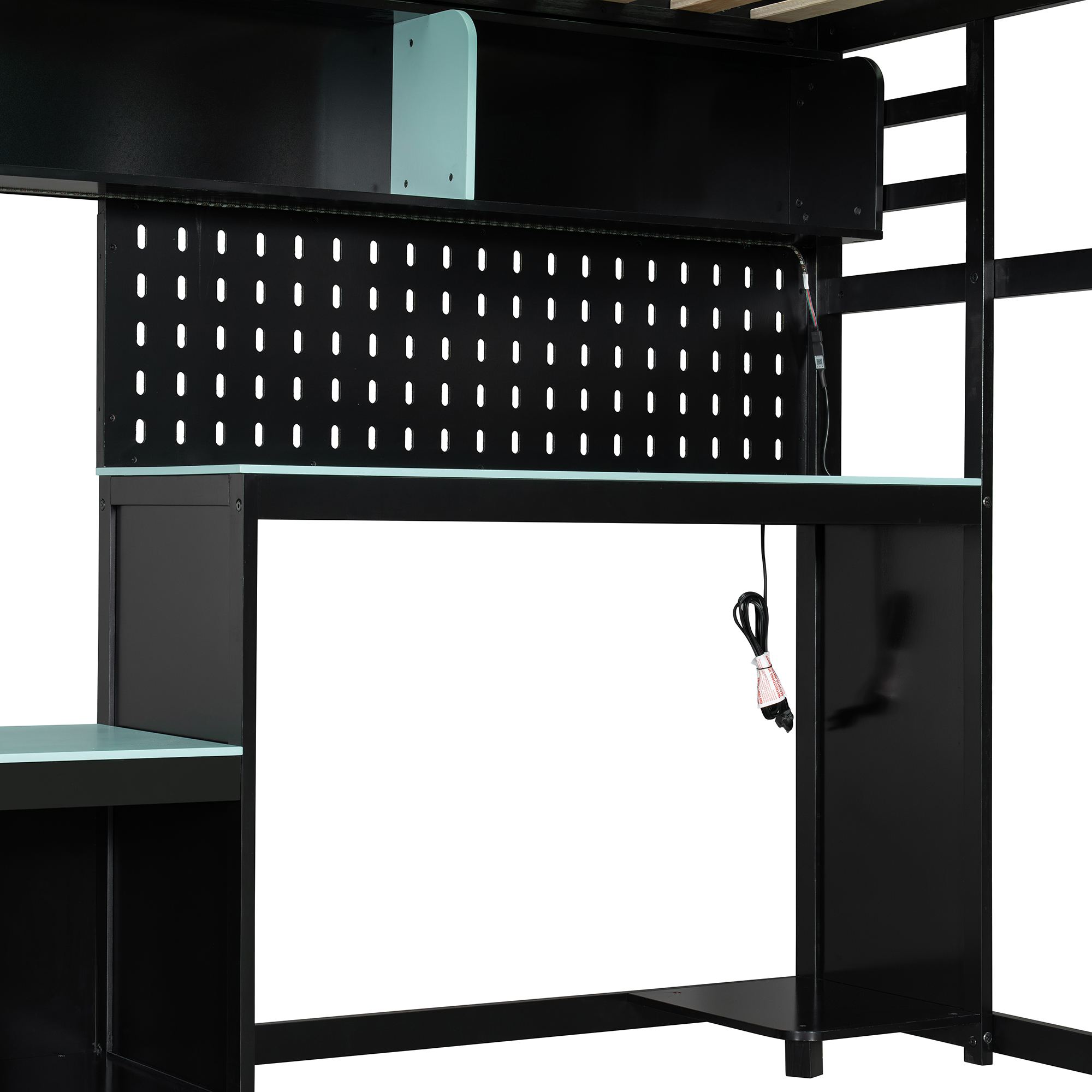 Aukfa Full Size Loft Bed with Desk, Shelves, LED Lights, USB Ports & Pegboard, Wood Gaming Esports Loft Bed with Storage, Blue