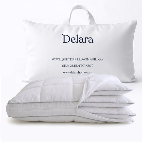 Delara 3-in-1 Adjustable New Zealand Wool Pillow - GOTS Certified Organic Cotton Shell, 200 GSM Wool Quilted Cover, Baffle Box, Side/Back/Stomach Sleepers, Spine-Alignment Friendly - Queen 20"×30"