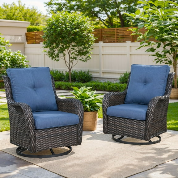 PARKWELL Patio Rocking Swivel Cushioned Chairs Set of 2,Wicker Glider Rocker for Porch Balcony Backyard Apartment,Blue