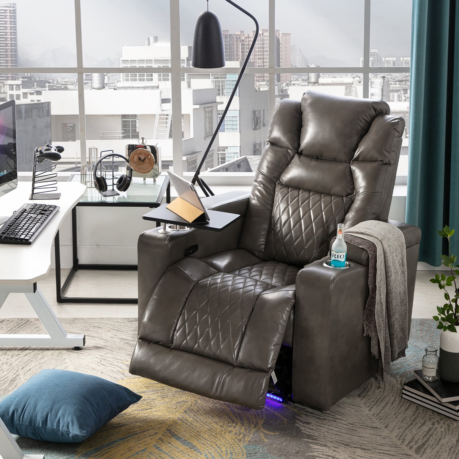 Kadyn Power Motion Recliner, Metal Recliner Chair with USB Charging Port and Hidden Arm Storage, Home Recliner with 2 Convenient Cup Holders Design and 360° Swivel Tray Table, Grey Kadyn Power Motion Recliner, Metal Recliner Chair with USB Charging Port and Hidden Arm Storage, Home Recliner with 2 Convenient Cup Holders Design and 360° Swivel Tray Table, Grey