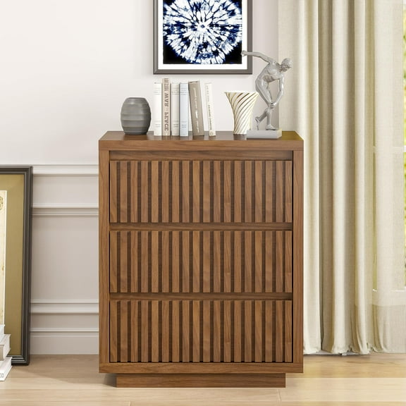 Fluted 3 Drawer Dresser, Mid Century Small Wood Chest for Bedroom, Modern Closet Clothes Organizer, Walnut Brown Storage Cabinet