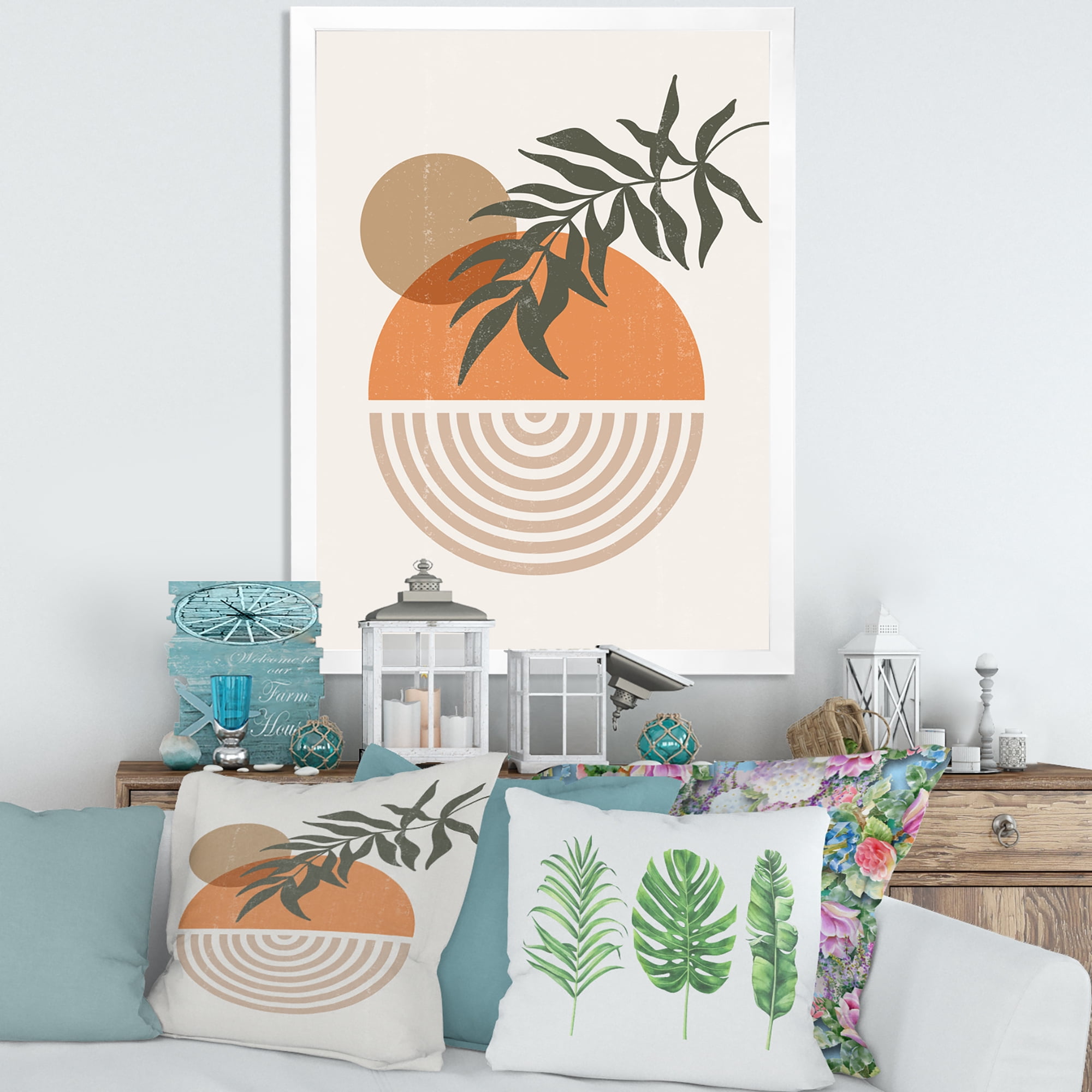 Designart 'Abstract Geometrical Moon and Sun With Leaf I' Modern Framed Art Print