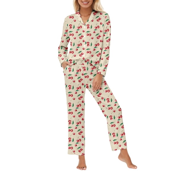Cherry Print Pajama Set for Women Soft Comfortable Sleepwear Long Sleeve Shirt and Pants Cozy Nights Loungewear Beige L