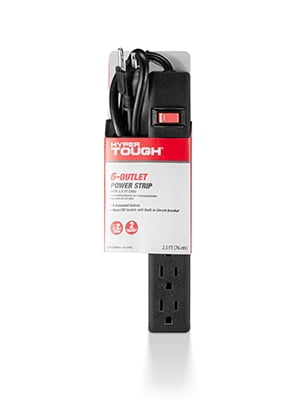 Hyper Tough 6 Outlets Power Strip with 2.5 ft Cord, Black, Single Pack