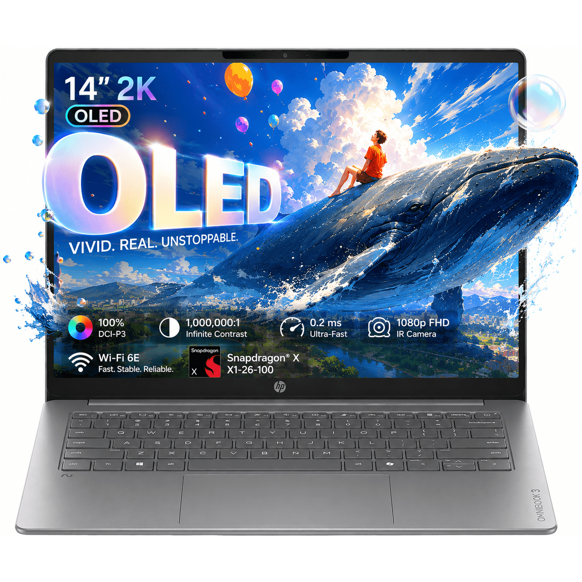 HP OmniBook 3 14" 2K OLED AI Laptop | Snapdragon X (45 TOPS NPU), 16GB RAM, 512GB SSD, 100% DCI-P3 | Copilot+ PC, 1080p IR Camera, Wi-Fi 6E, 3.13 lbs, W/Mouse