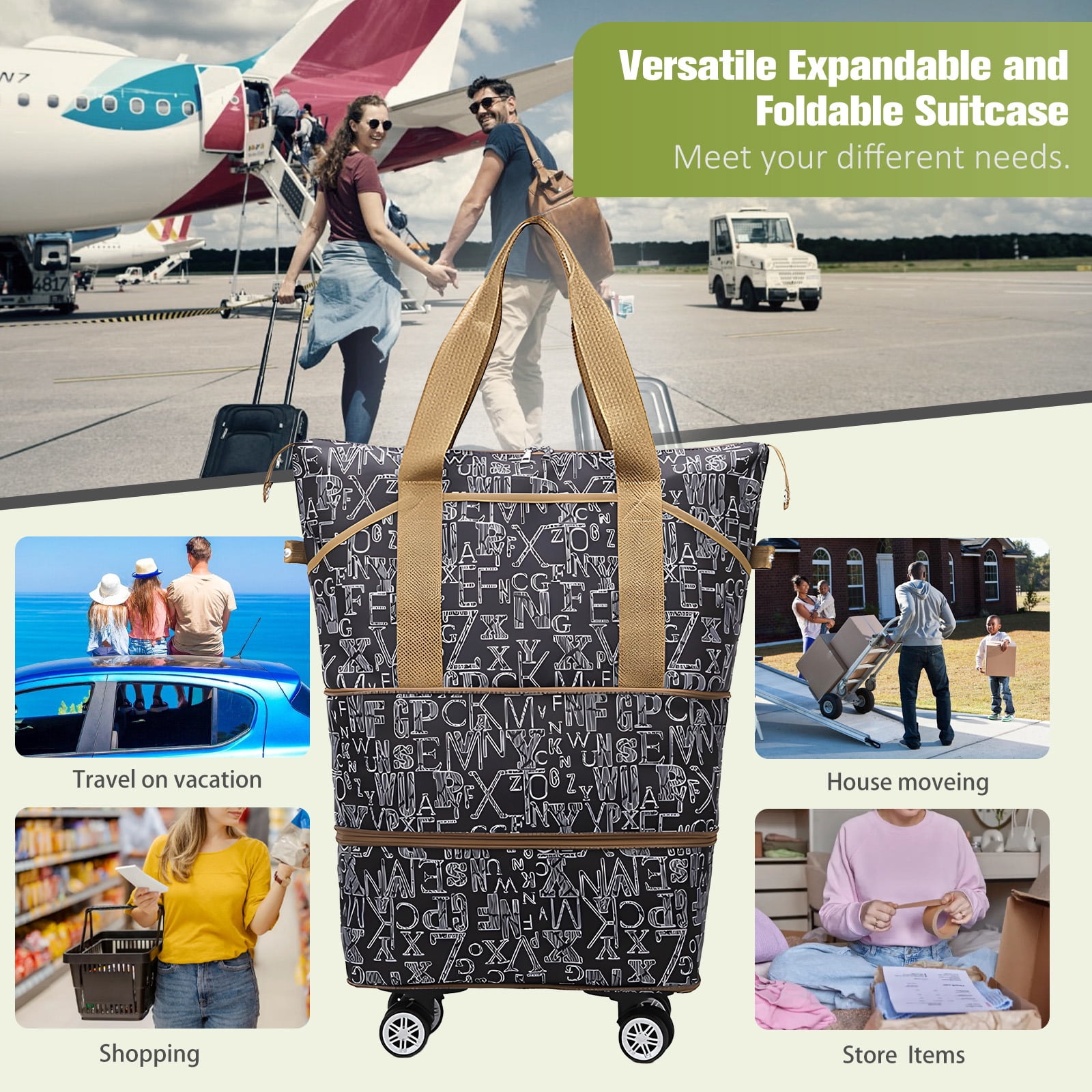 WOOW DEPOT Expandable Rolling Travel Bag, w/ 4 Detachable 360° Wheels & Trolley Sleeve, Foldable Luggage Bag Waterproof Carry On Overnight Tote Storage Duffle Bag for Gym House Moving Camping