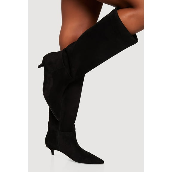 Women's Side Zip Pointed Toe Kitten Heel Knee High Boots