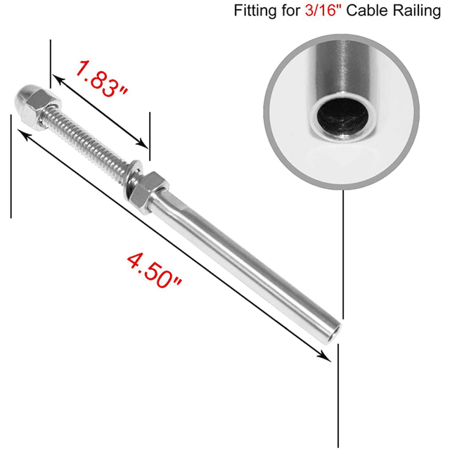Lot de 60 Goujons Filetés en Acier Inoxydable T316 Grade Marin pour Câble de 3/16 Pouce Rambarde de Terrasse