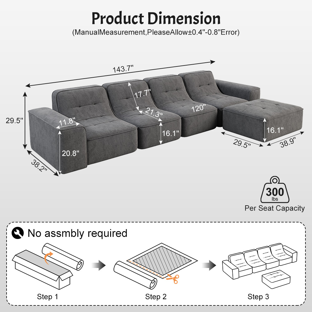 MOONMISS 143.7" Modular Sectional Sofa Set with Removable Ottoman,Tufted Design, Deep Seat Couch, Chaise & Accent Chair,Modern DIY Sparkling Chenille Sofa for Living Room, Apartment, Office