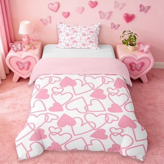 Erosebridal Dreamy Princess Style Twin Bedding,Pink Loves Heart Duvet Cover Set For Girls Kids 2-Piece,No Comforter,Reversible