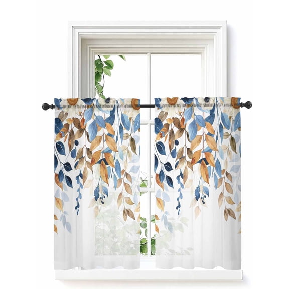 Orange Blue Botanical Curtains 45 Inch Length,Sheer Curtains for Bedroom Living Room Window Weeping Fall Eucalyptus Leaves Rod Pocket Voile Drapes Kitchen Curtains Small Half Window 42"x45" 2 Panels