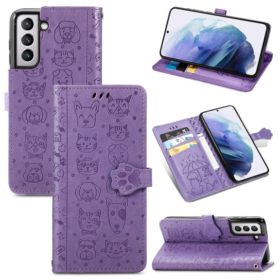 SaniMore for Samsung Galaxy S23 Plus PU Leather Flip Wallet Case, Cat Dog Cartoon Cute Style with ID Card Holder Kickstad Cover Case with Wrist Strap for Galaxy S23 Plus 6.6" 2023, Purple