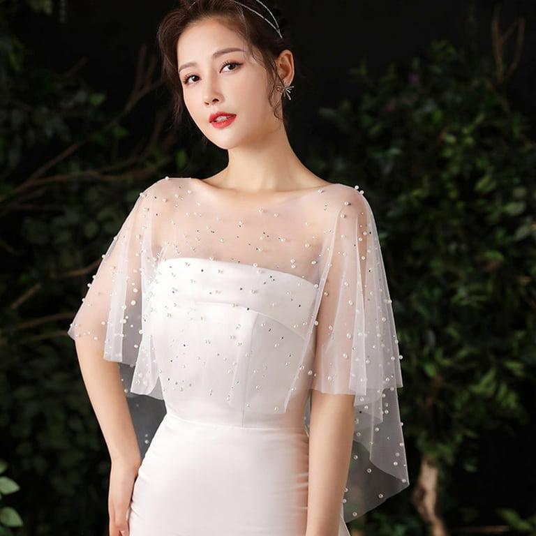 Women's Pleated Tulle Wedding Shawl: Rhinestone & Pearl Beads, High-Low Shrug Cape Dress Cover-Up - Walmart.com Women's Pleated Tulle Wedding Shawl: Rhinestone & Pearl Beads, High-Low Shrug Cape Dress Cover-Up - Walmart.com