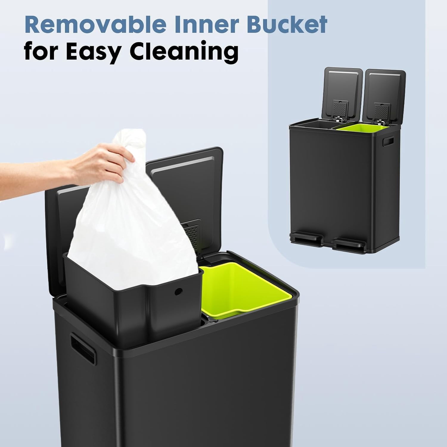 Dual Trash and Recycling Bins for Kitchen, 2x8-Gallon Dual Trash Can with Lid, Stainless Steel Garbage Bin with 2 Removable Inner Buckets, for Kitchen, Home, Glossy Black