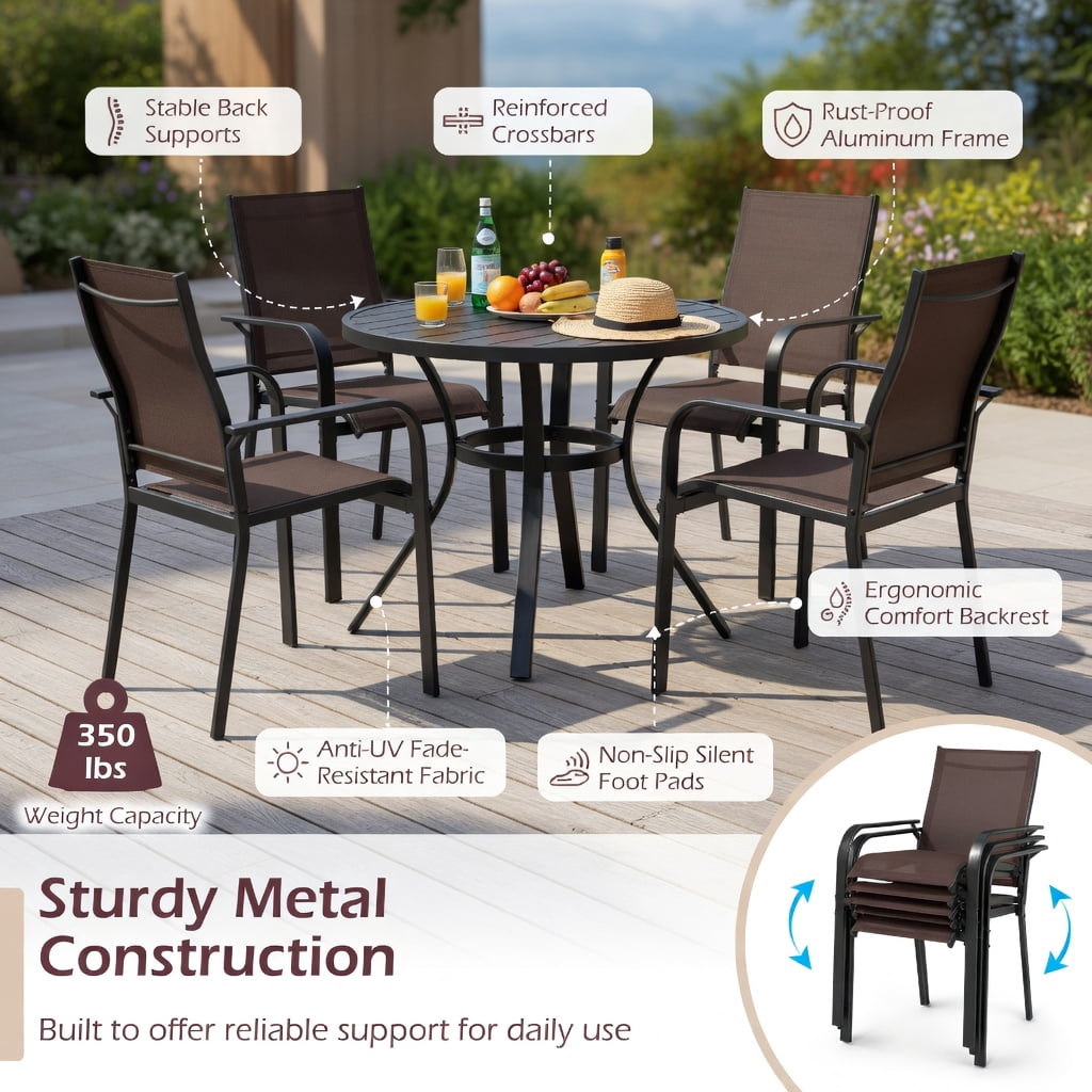 Hommoo Stackable Outdoor Patio Dining Chairs Set of 2, Modern Metal Armchairs with Breathable Mesh Back, Easy Assembly for Deck, Balcony & Garden, Coffee