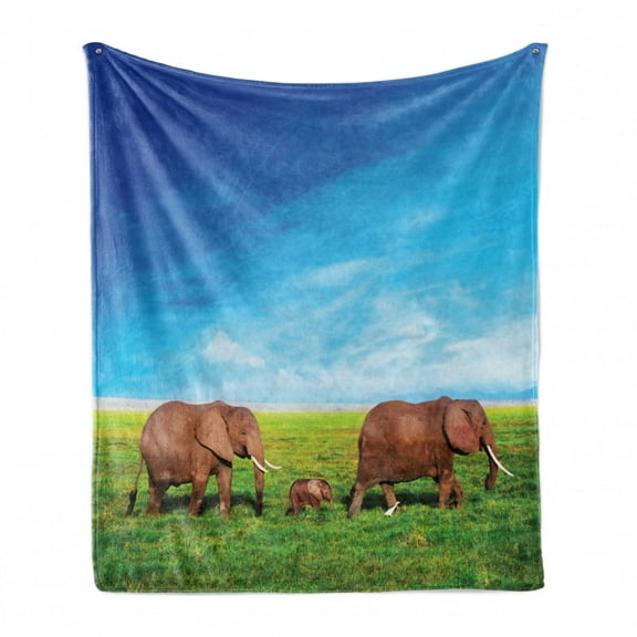 Animal Soft Flannel Fleece Throw Blanket, Family Walking by the Grass Savannah Sky Landscape Safari, Cozy Plush for Indoor and Outdoor Use, 60" x 80", Green Brown Blue, by Ambesonne