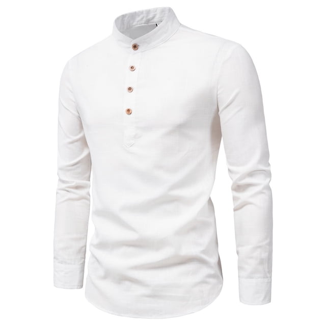Camisas Casuales Sólidas Para Hombres Cuello De Pie Manga Larga Slim Fit Camisa De Lino Talla Grande M-5XLpangjing