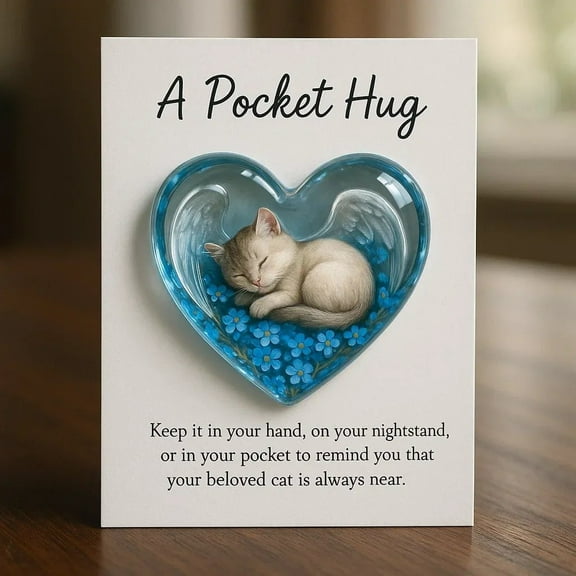 Cat Memorial Pocket Hug Card, Heart-Shaped Resin Sleeping Cat Keepsake Figurine, Thoughtful Grieving Gift for Cat Owners & Lovers, Cute Pocket-Sized Cat Memorial Resin Decor, Blue
