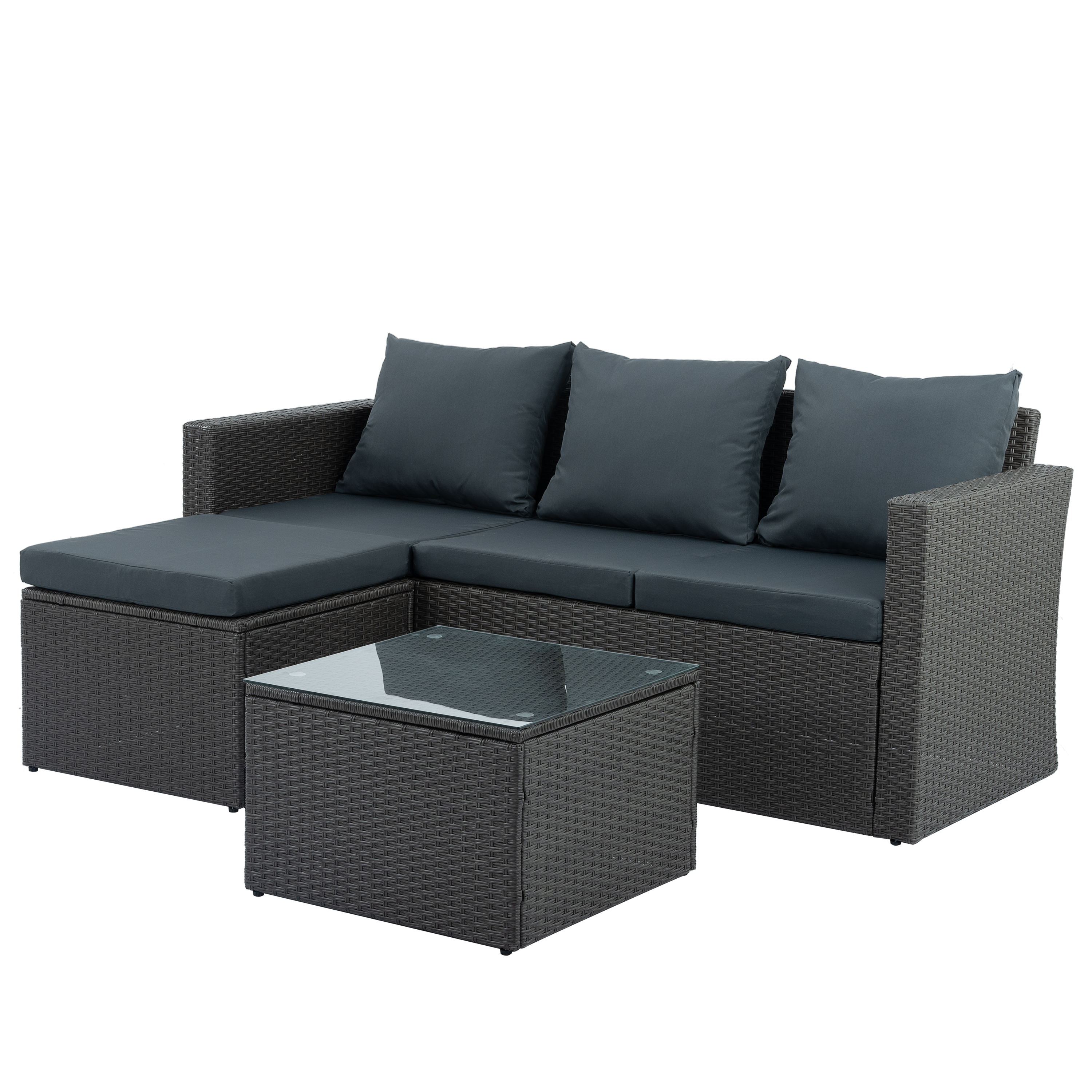 Rattan Patio Sofa Set, 3 Pieces Outdoor Sectional Furniture, All-Weather PE Rattan Wicker Patio Conversation, Cushioned Sofa with Glass Table & Ottoman for Patio Garden Poolside Deck - image 5 of 10