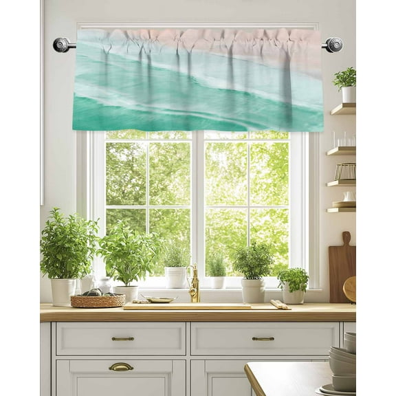 Curtain Valance for Windows,Summer Beach Green Water Ripples Kitchen Valances Rod Pocket Short Curtains,Coastal Seaside Waves Window Treatment Panel for Bedroom Bathroom 54"x18"