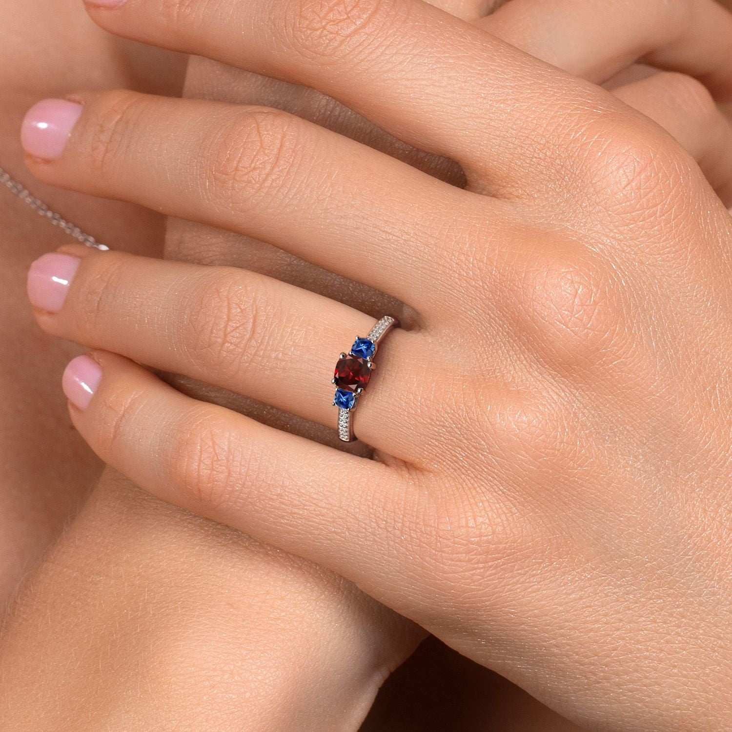 Gem Stone King 1.13 Cttw Cushion Red Garnet Blue Created Sapphire and White Moissanite 3 Stone Engagement Ring for Women | 925 Silver | Three Stone Wedding Engagement Anniversary Ring| Size 9