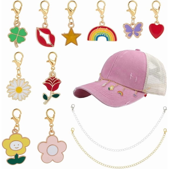 Trucker Hat Chains Set 2pcs Hat Chain with 10 Enamel Cute Charms Interchangeable Hats Chain Flower Star Heart Clip on Charm for DIY handcrafting