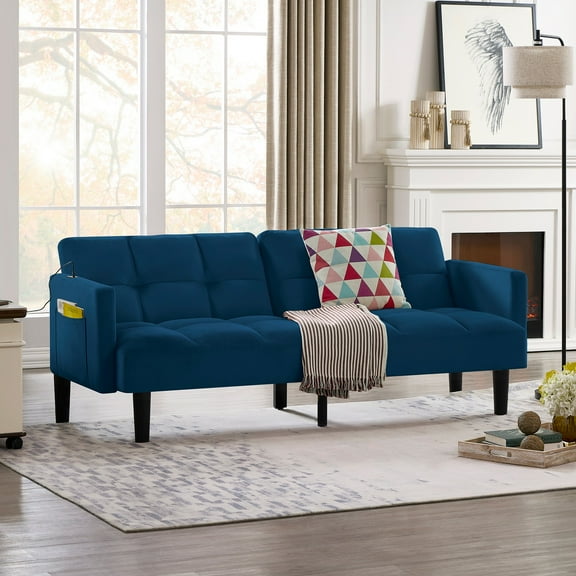 Velvet Futon Couch, Convertible Folding Sofa Bed, Tufted Couch for Apartment (Blue)