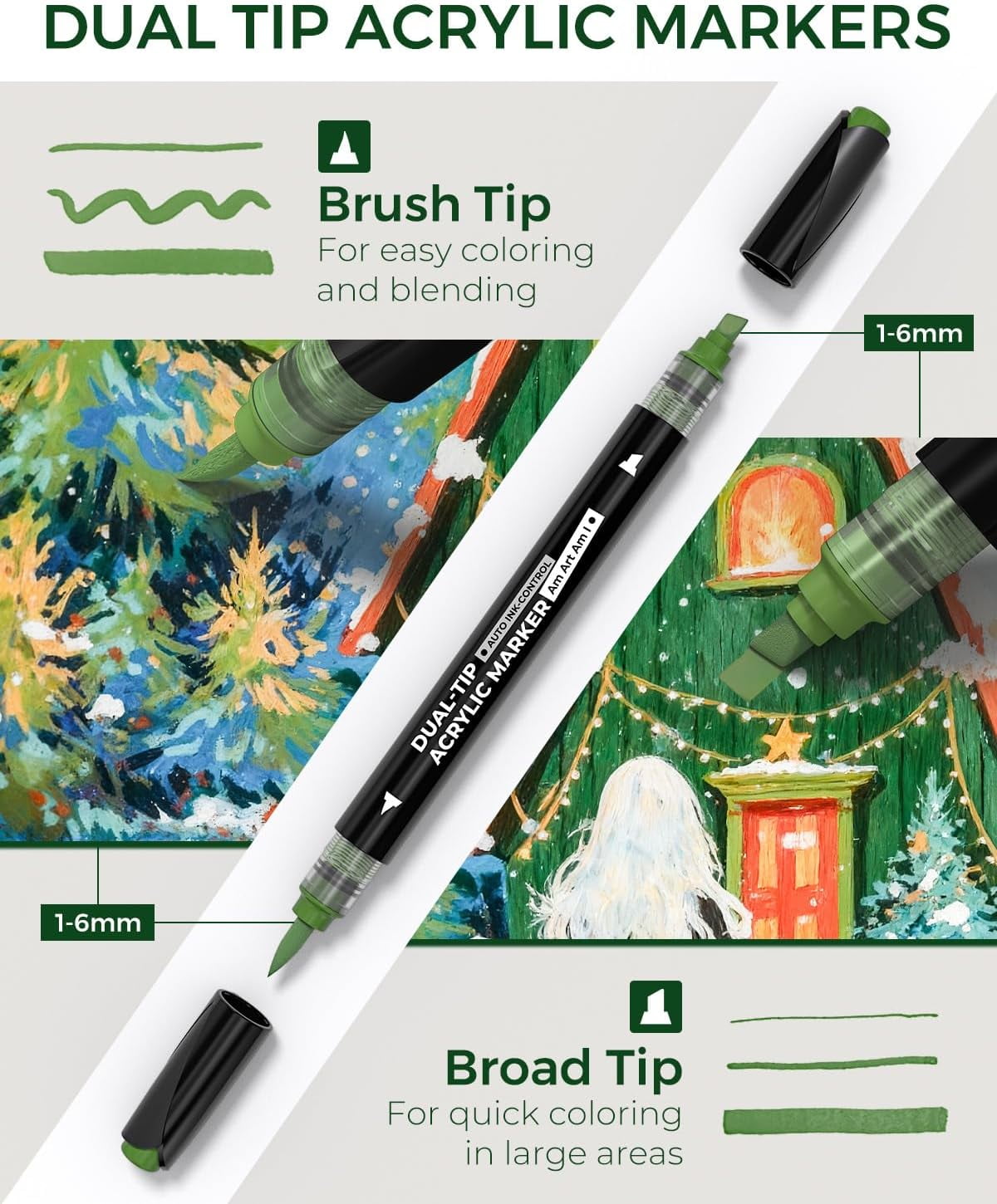 JusArt Automatic Ink Control Acrylic Paint Markers,60 Colors Dual Tip with Broad Tip and Brush Tip Pens for Ceramic, Wood, Canvas, Glass, Stone, Fabric, Rock Painting, DIY Crafts Art Supplies Kit