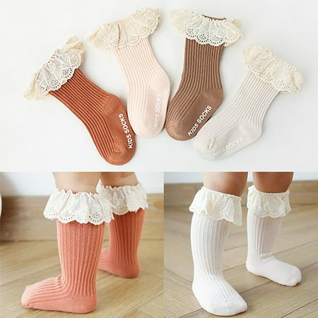 

MyBeauty 1Pair Cotton Solid Color Middle Tube Lace Baby Floor Socks Non-slip Stocking Coffee M