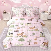 Feelyou Kawaii Farm Donkey Twin Bedding Sets 7-Piece, Farmhouse Animal Bedding Comforter Set, Girly Pink Cartoon Reversible Sheet Sets, Ultra Soft Bedroom Decor