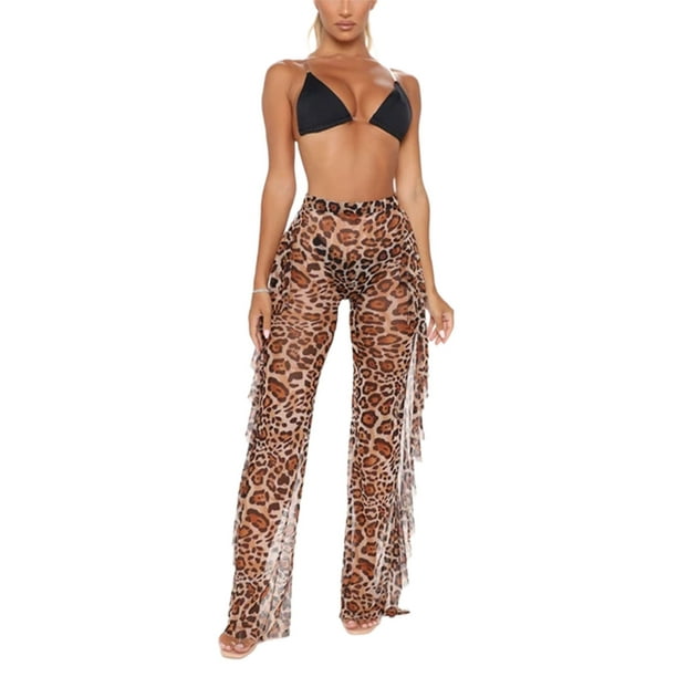 Bowanadacles Women Leopard Print Pants Tight High Waist Slim Trousers  Ruffle Bikini Cover-up - Walmart.com
