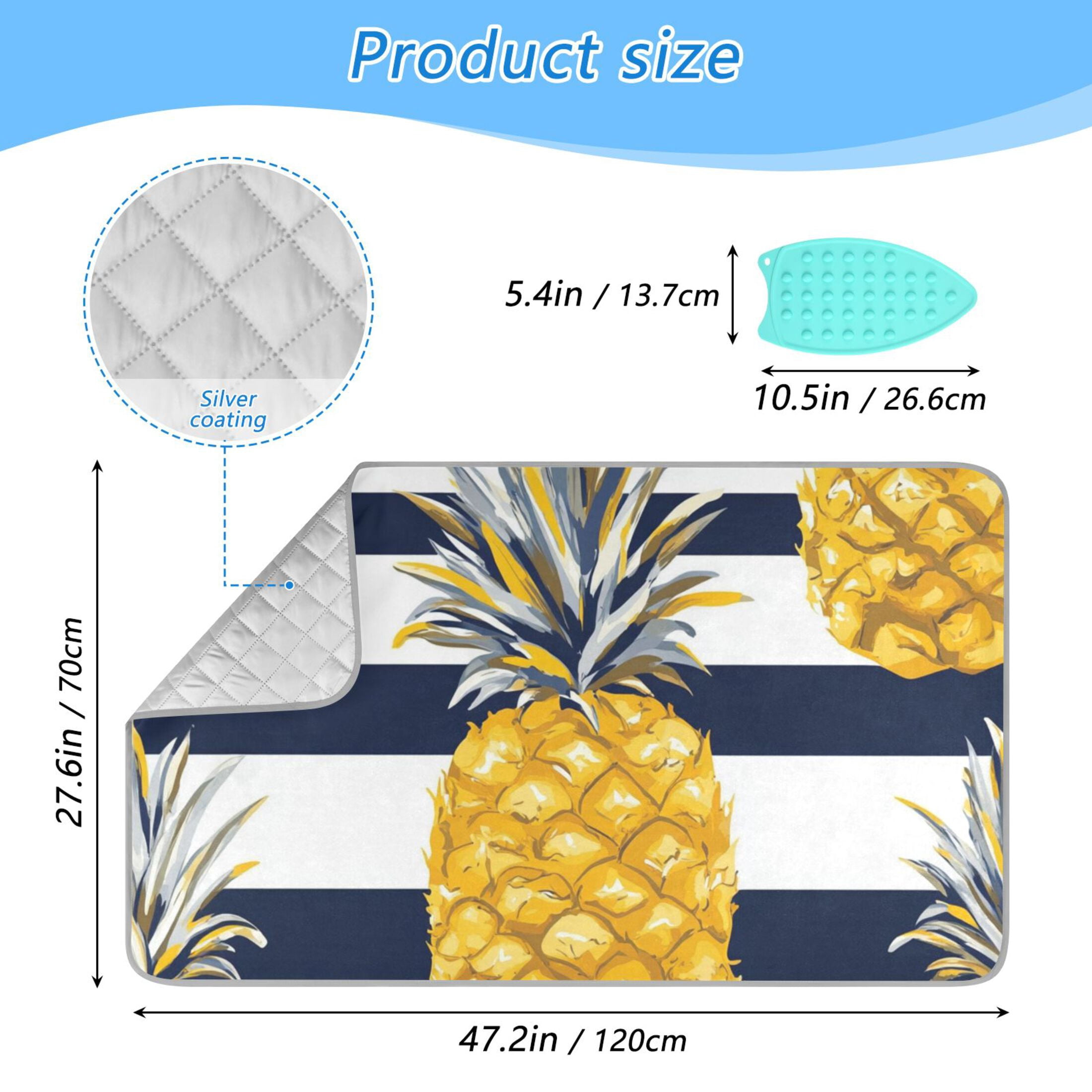 Navy Blue Stripes Pineapples Cute Ironing Mat Blanket Portable Travel Ironing Pad Heat Resistant Pad 47.2" x 27.6”
