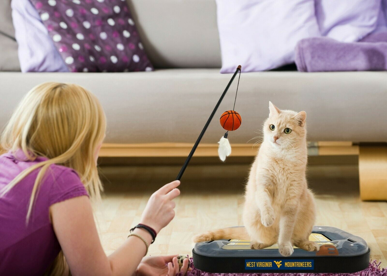 NCAA West Virginia Mountaineers CAT Scratcher Mat Toy with Catnip Plush & Feather Cat Toy 5-in-1 Kitty Toy