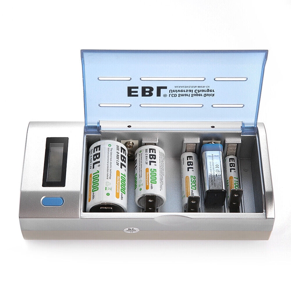 EBL D Cell Batteries 10,000mAh Ni-MH Rechargeable 1.2V (8-Pack) with Smart Battery Charger for C D AA AAA 9V Ni-MH Ni-CD Rechargeable Batteries with Discharge Function & LCD Display