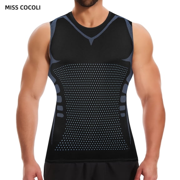MISS COCOLI Men's Compression Shirt Slimming Body Shaper Vest Crewneck Workout Shirts Tummy Control Undershirts Tank Top Sports