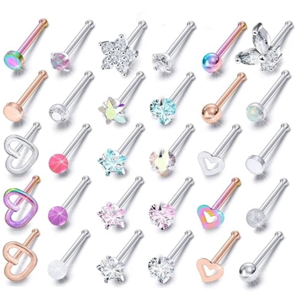 Hypoallergenic Nose Rings for Women Men - 30 Pcs Surgical Stainless Steel Nose Rings Studs Straight Studs Rings Cubic Zirconia Labret Lip Nose Nostril Piercing Jewelry 18G 20G