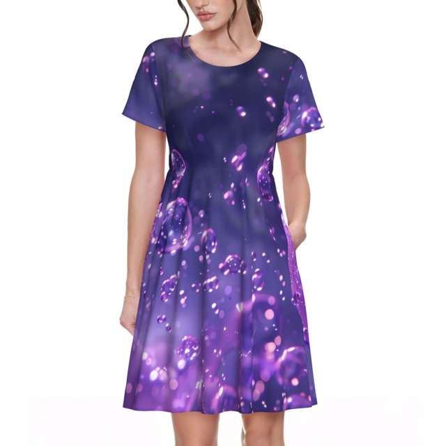Easygdp Purple Bubble Abstract Art para Vestido Transpirable de Mujer, Vestido Suelto de Manga Corta con Pliegues y Bolsillos para el Verano