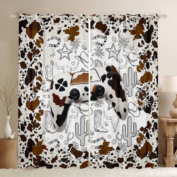 Feelyou Cow Print Gamepad Black Out Curtains, Hippie Western Cactus Curtains Pack of 2 (42x63 Each), Tribal Cowgirl Cowboy Bedroom Curtains, Window Curtains Decor