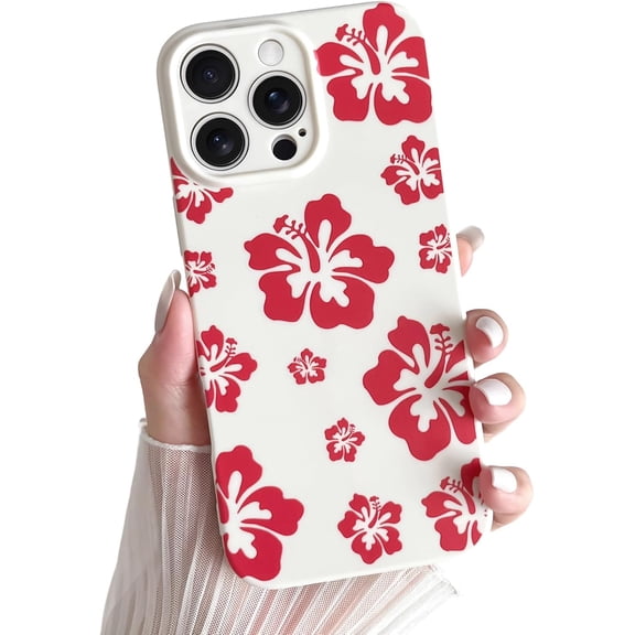 for iPhone 16 Pro Max Case Cute Hibiscus Phone Case Flower Design Soft Slim TPU Shockproof Camera Protection Phone Cover for Women Girls - Red