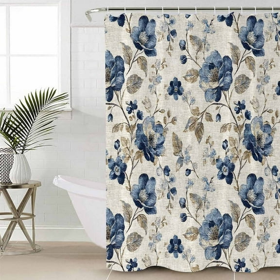 Blue Flowers Bathroom Curtain 78 Inch Shower Curtain with Hooks, Vintage Flowers Brown Leaves Watercolor Waterproof Polyester Bath Curtain Washable Bathtub Curtain 54''x 78''