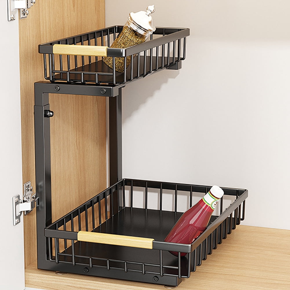 Under Sink Organizer Adjustable Height 2 Tier Pull Out Under Cabinet Organizer Thickened Metal Shelf Slide Out Under Sink Storage for Kitchen Bathroom Cabinet Laundry
