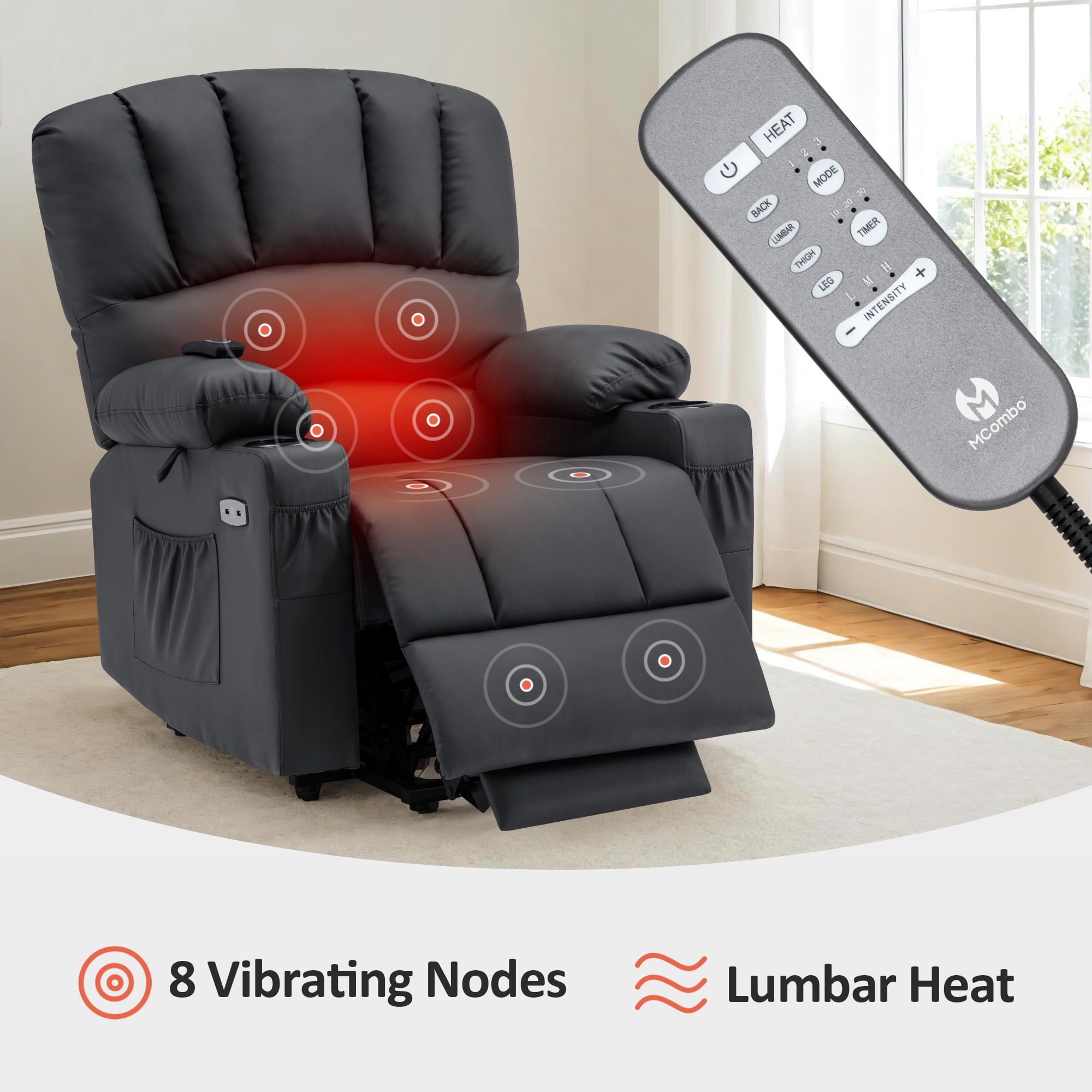 MCombo Power Lift Recliner Chair with Massage Heat, Extended Footrest, Faux Leather(Medium-Regular, Black)