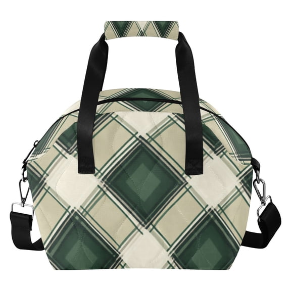 Green and White Plaid Fabric Insulated Lunch Bag Reusable Quilted Lunch Box Waterproof Leakproof Lunch Container