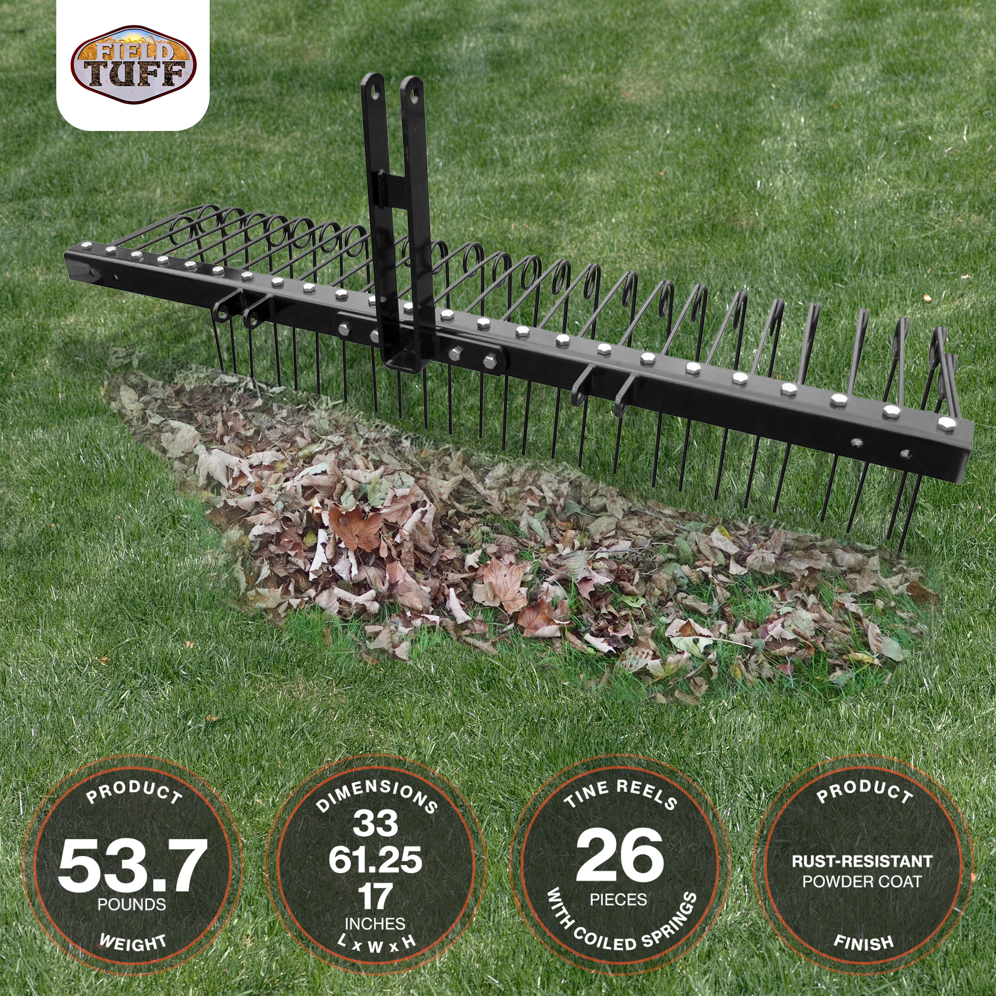 Field Tuff 60in Pine Straw Rake w/ Coil Spring Tines & 3 Point Hitch, Steel - image 3 of 9