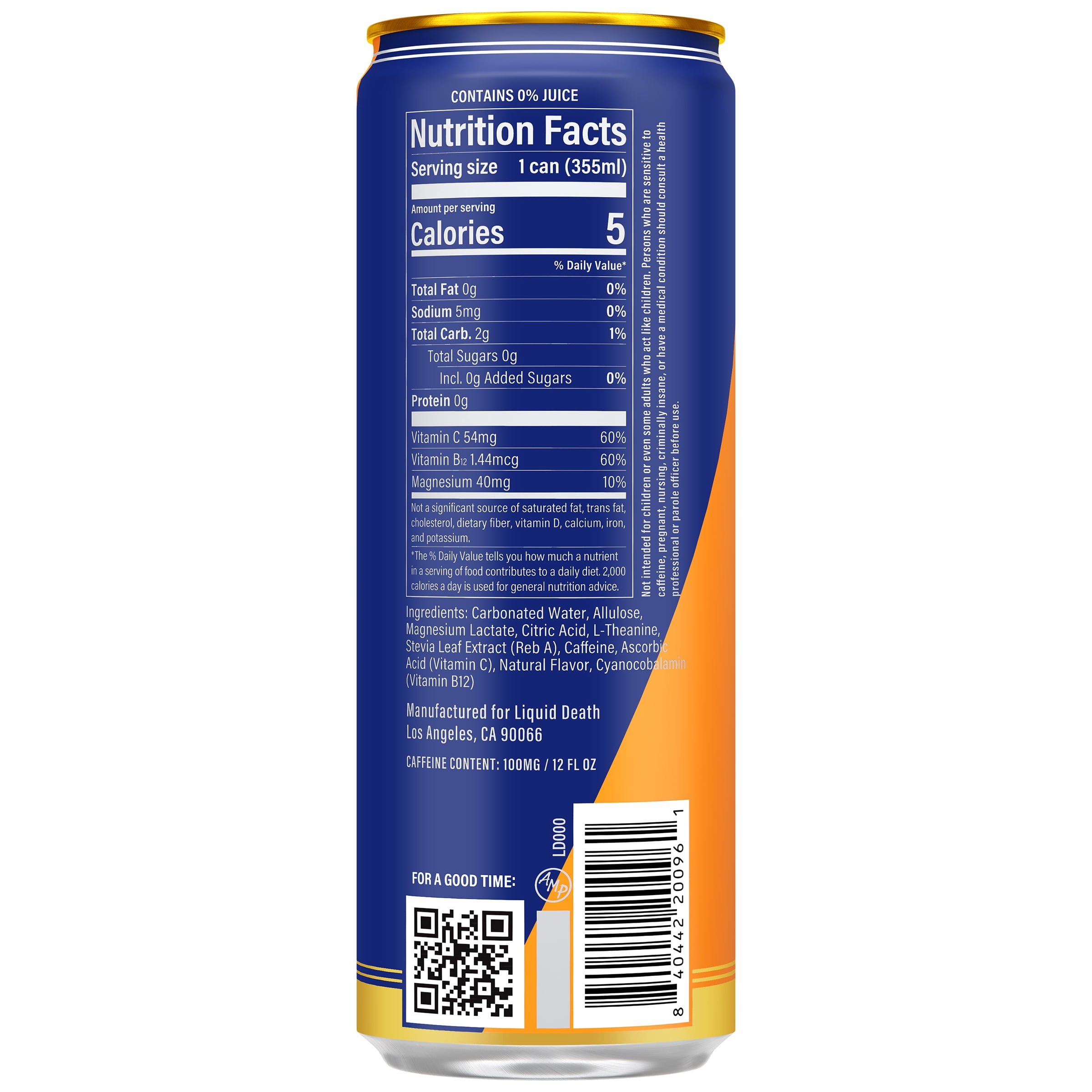Liquid Death Sparkling Energy - Orange Horror, Sugar-Free Energy Drink, Unextreme Caffeine 100mg, Essential Vitamins, 12 Fl Oz (Pack of 12)