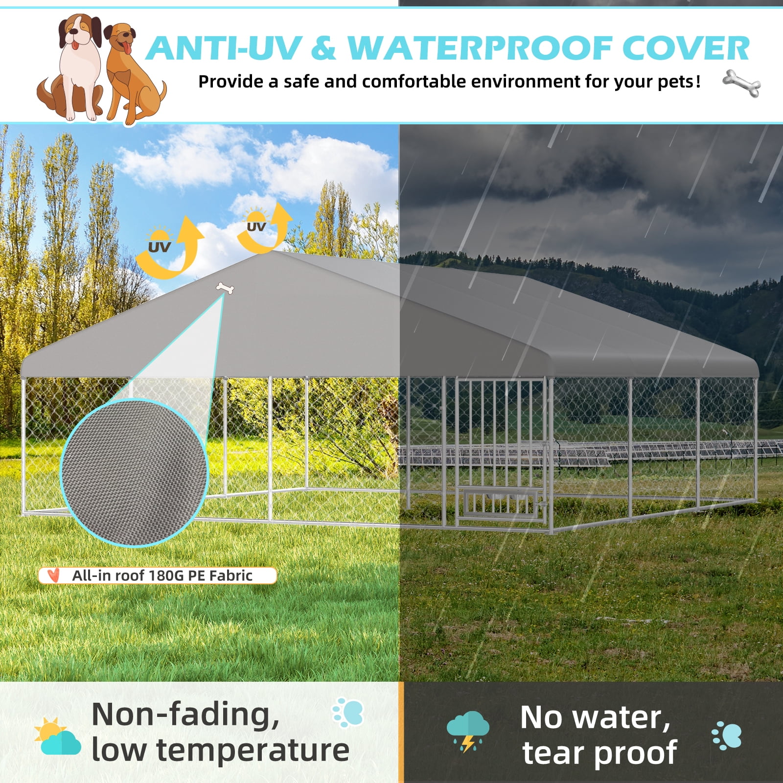 Erinnyees 15FT Outdoor Dog Kennel, Extra Large Dog House Pen Enclosure with Roof, Rotated Dog Bowls, Secure Lock, Wateproof Sunproof Cover