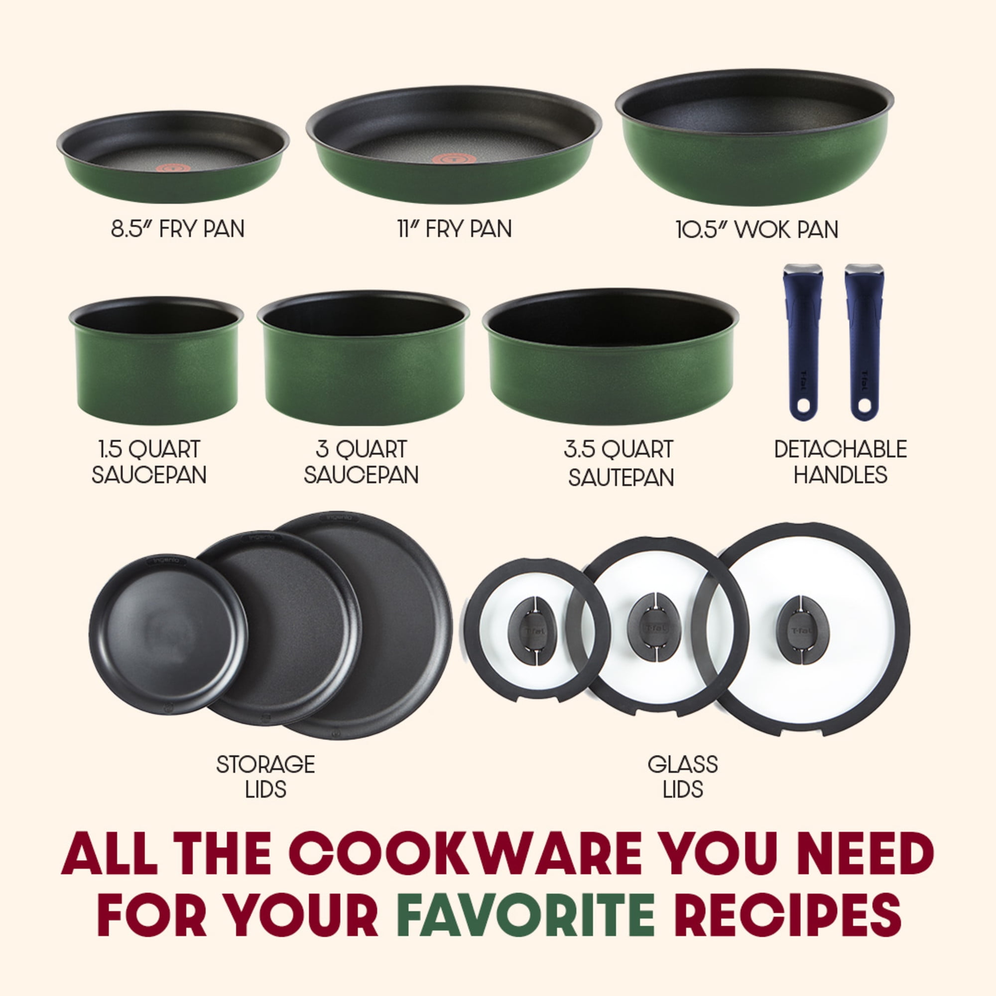 T-fal, Nonstick Cookware Set, 14 Piece, Rose Pink, Detachable
