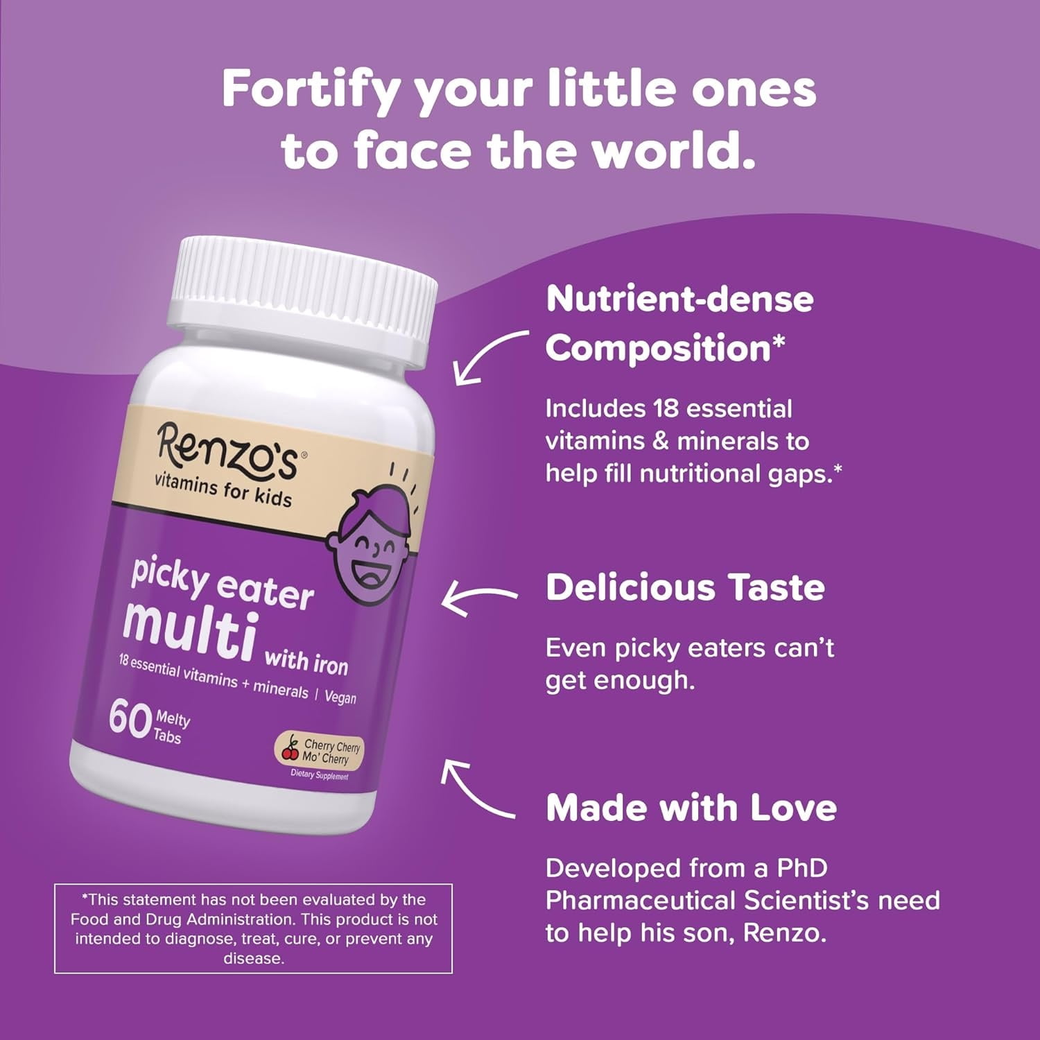 Renzo’s Picky Eater Multivitamin for Kids, Sugar-Free, Vegan Melty Tabs, Immune Support, Cherry Flavor, 60 Count